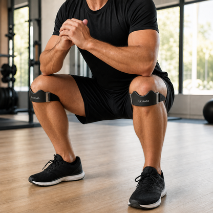 Hombre en el gimnasio usando dos correas infrapatelares FLEXPASO negras.