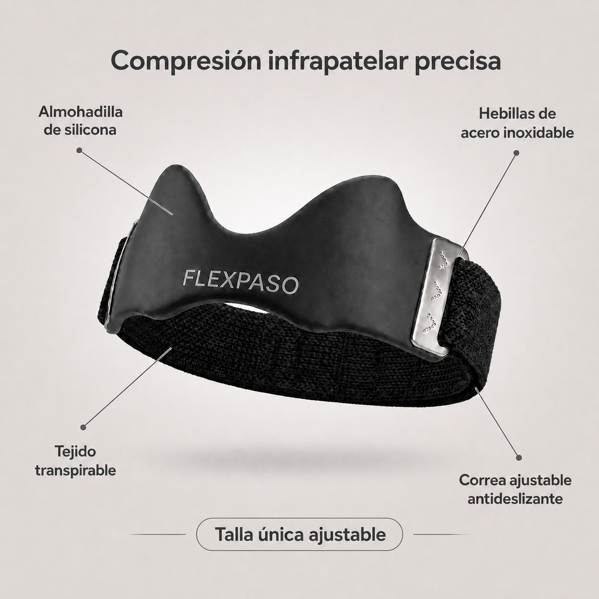 Infografía de FLEXPASO con almohadilla de silicona, tejido transpirable y correa ajustable.