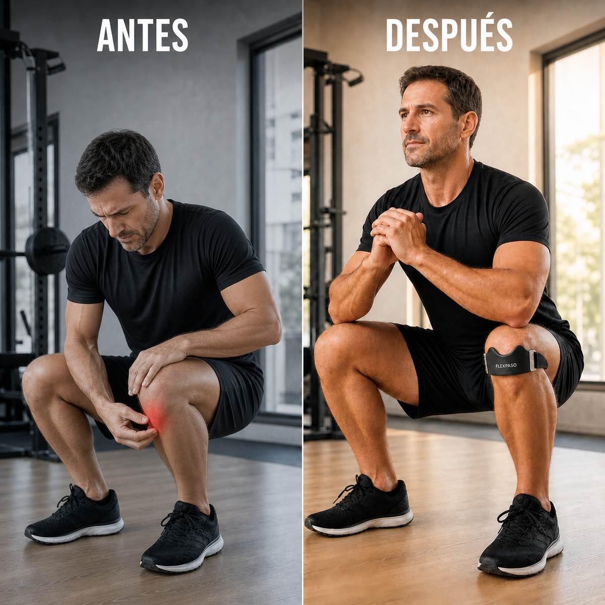 Comparación antes y después de un hombre en el gimnasio usando FLEXPASO en la rodilla.